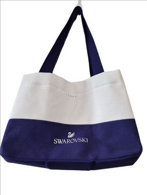 Swarovski White and Purple Canvas Tote Bag With An Attached Pouch